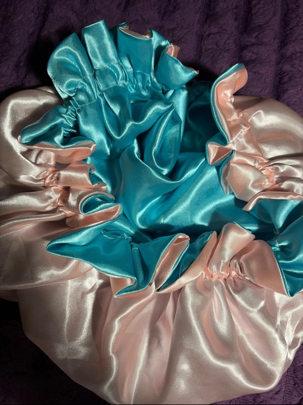 Satin Reversible Bonnet in Teal & Light Pink